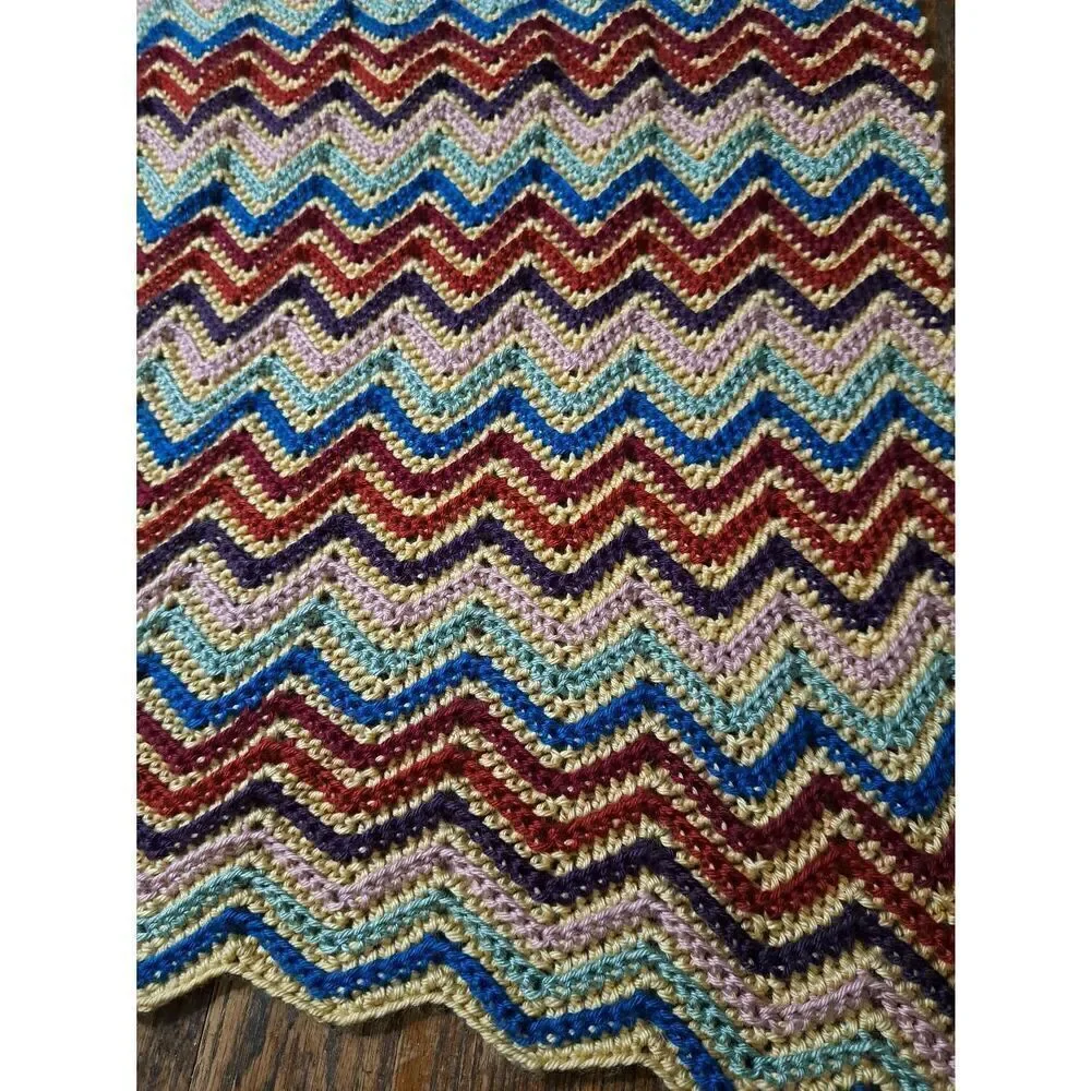 Vintage Handmade Crocheted Tan Blue Purple Lap Blanket Baby Blanket Table Cloth